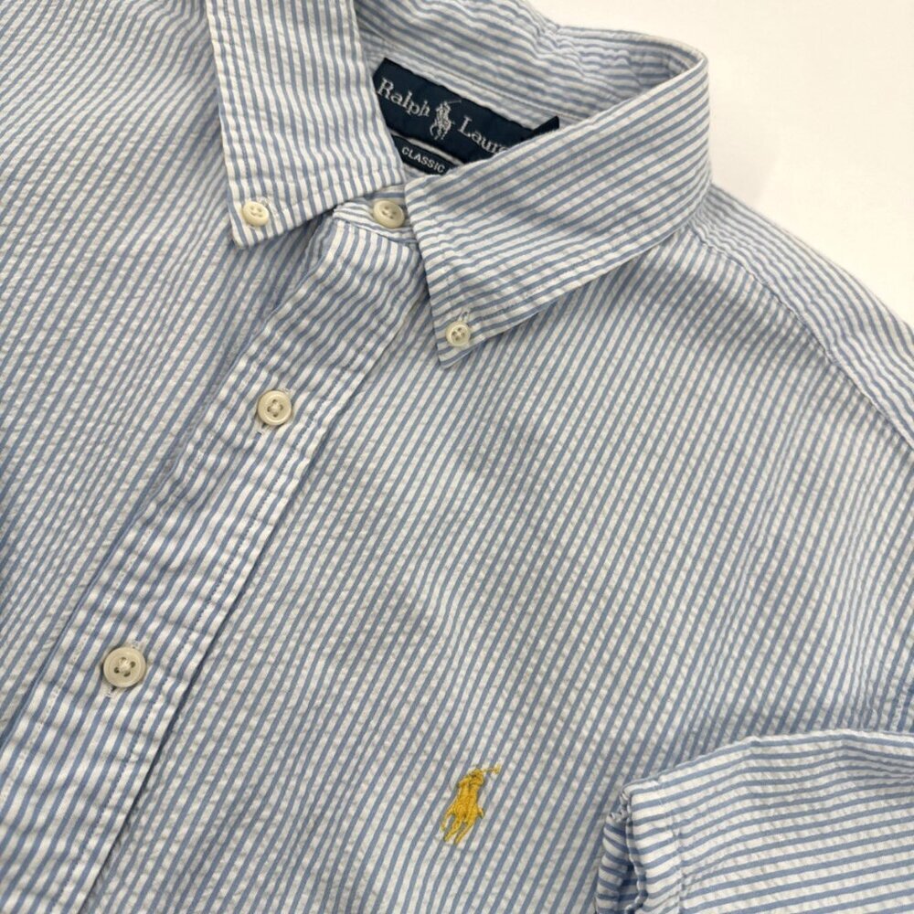 Ralph Lauren Shirt Men XL Seersucker White Blue Striped Button Coastal Classic